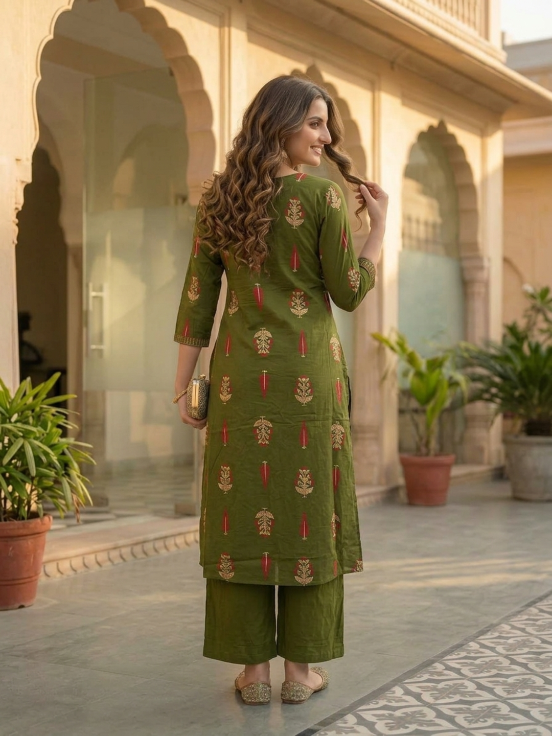 Olive Floral Printed Cotton A-Line Kurta Set with Mirror & Threadwork Embroidery, Palazzo & Embroidered Cotton Dupatta