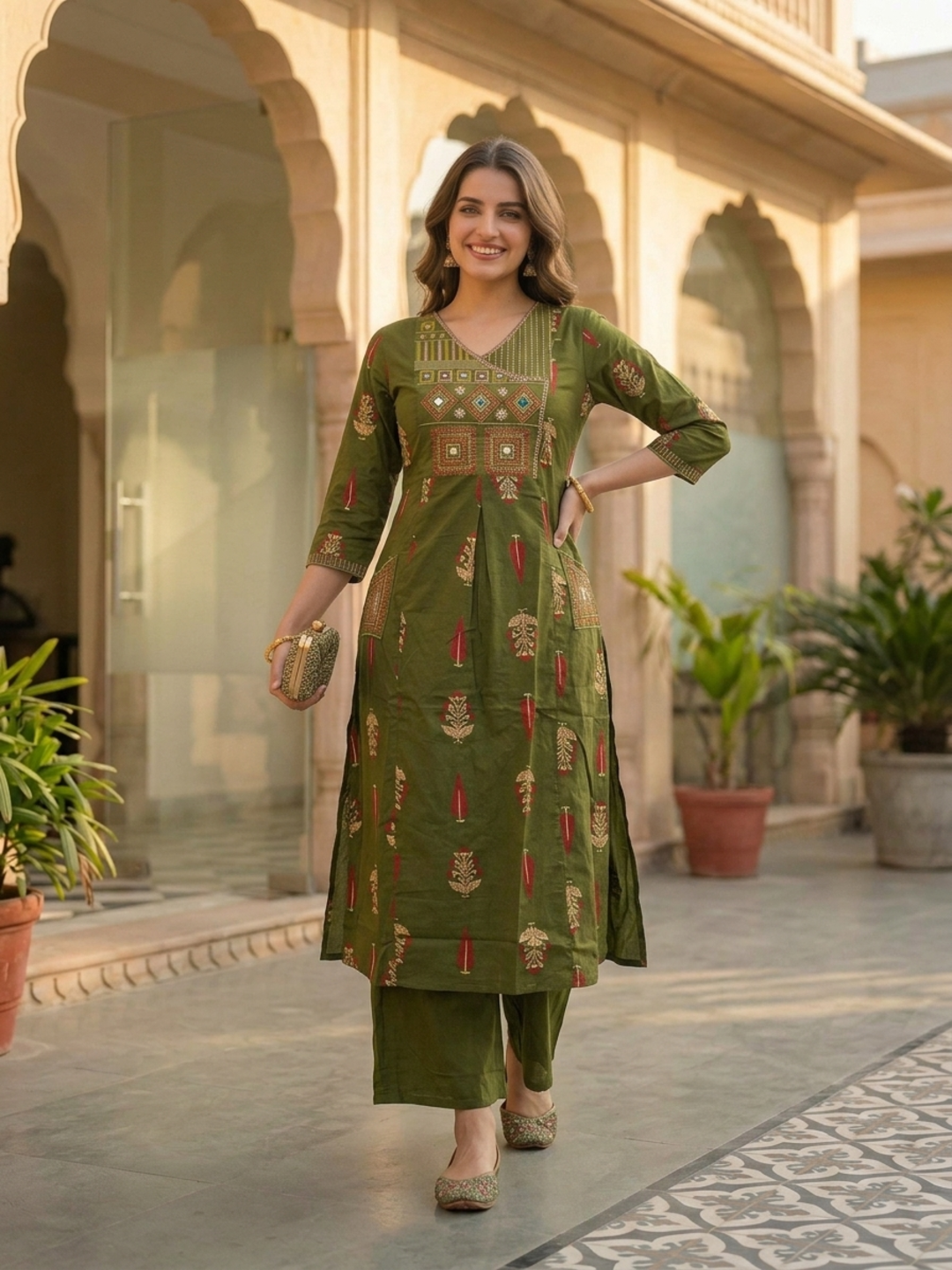 Olive Floral Printed Cotton A-Line Kurta Set with Mirror & Threadwork Embroidery, Palazzo & Embroidered Cotton Dupatta