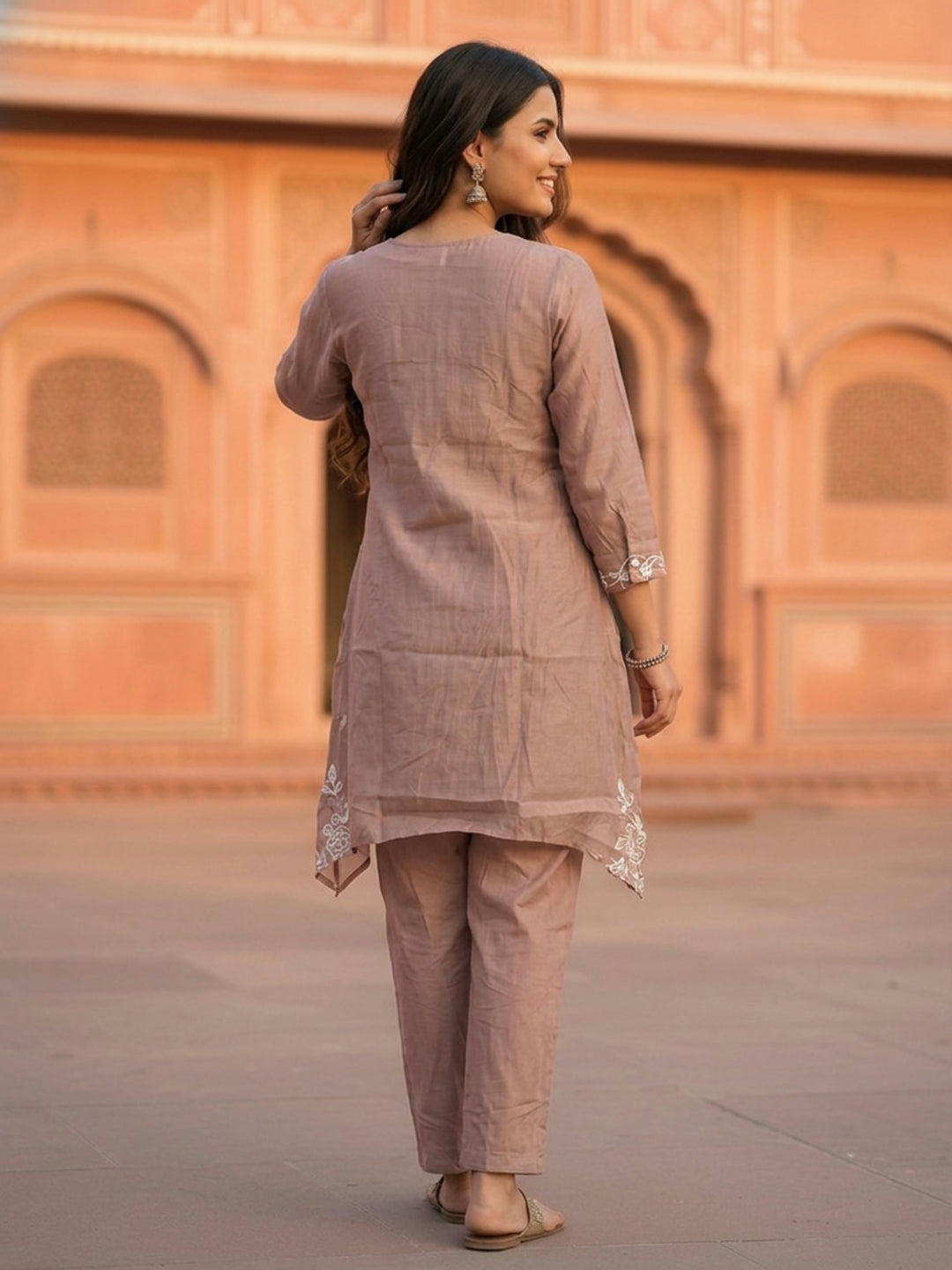 Mauve Solid Chanderi Silk A-Line Kurta Set with Floral Mirror & Threadwork Embroidery & Palazzo