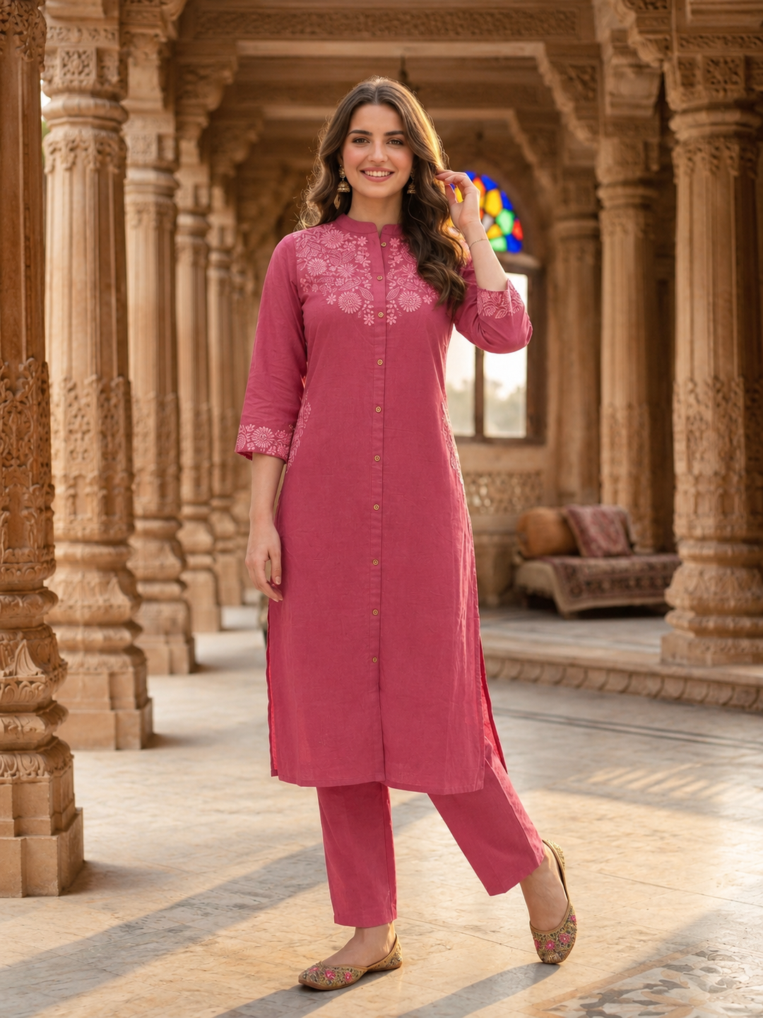 Dusty Rose Solid Cotton A-Line Kurta Set with Floral Chikankari Embroidery, Mandarin Collar & Palazzo