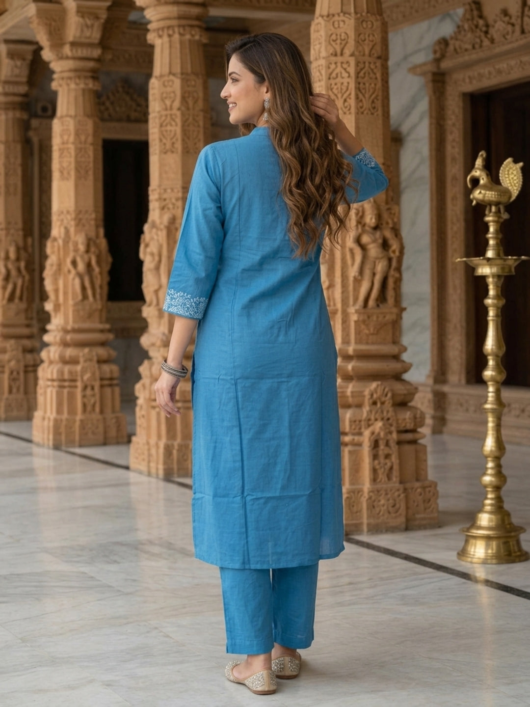 Sky Blue Solid Cotton A-Line Kurta Set with Floral Chikankari Embroidery, Mandarin Collar & Palazzo