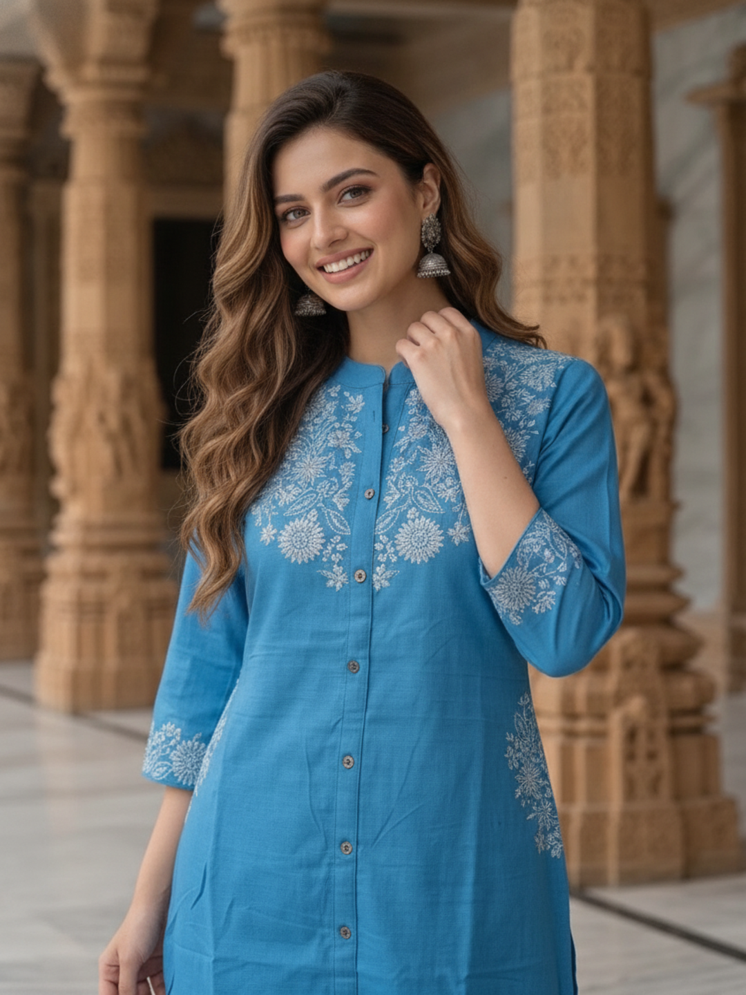 Sky Blue Solid Cotton A-Line Kurta Set with Floral Chikankari Embroidery, Mandarin Collar & Palazzo