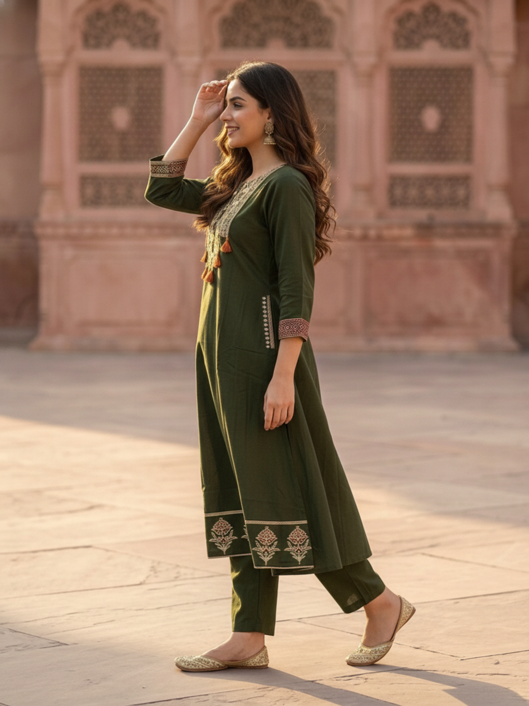 Olive Green Floral Printed Cotton A-Line Kurta Set with Mirror Work Yoke, Pant & Printed Cotton Dupatta