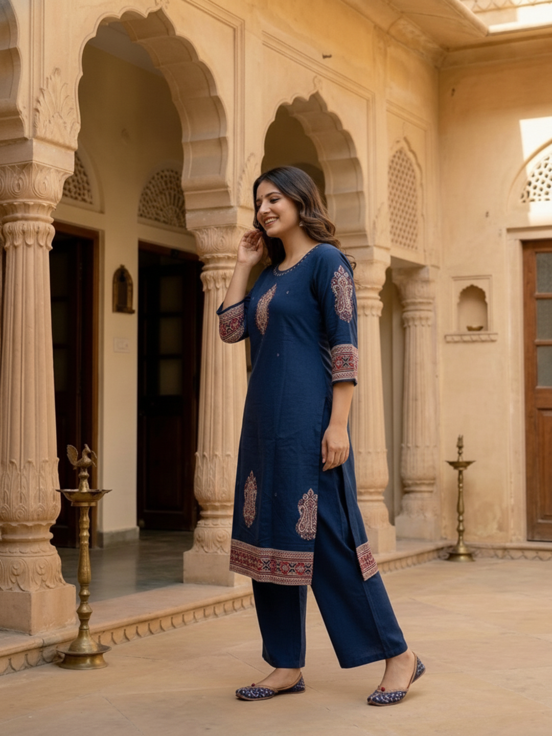 Blue Printed Cotton A-Line Kurta Set with Sequin & Beadwork Embroidery, Palazzo & Printed Cotton Dupatta