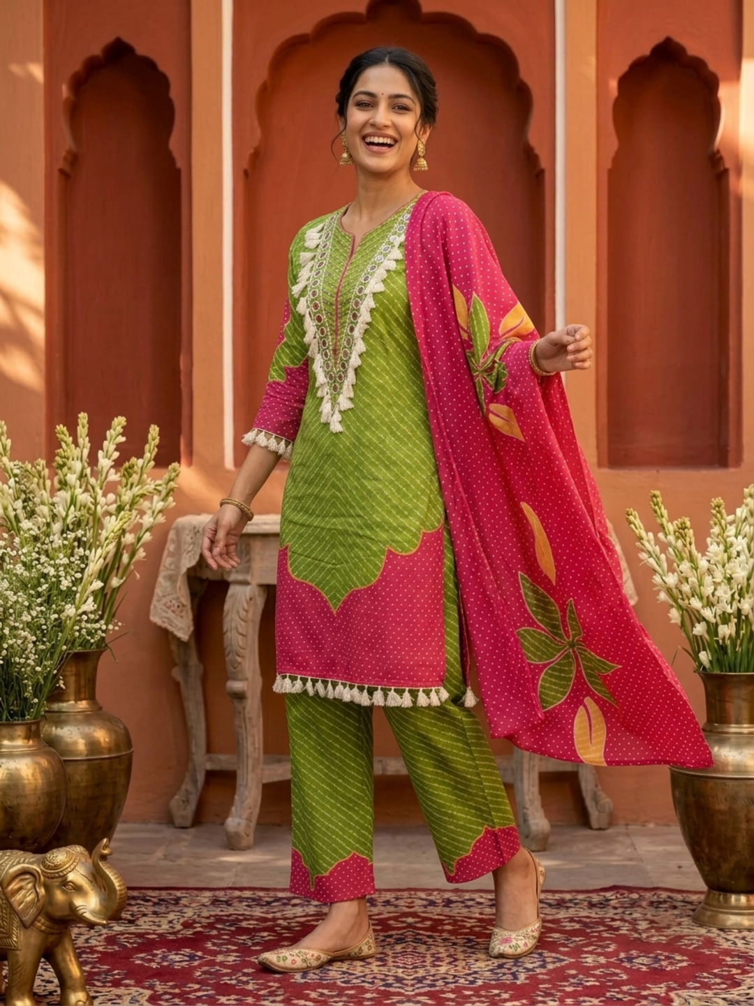 Lime Green Leheriya Printed Cotton Straight Kurta Set with Mirror Work, Palazzo & Crochet Lace Dupatta