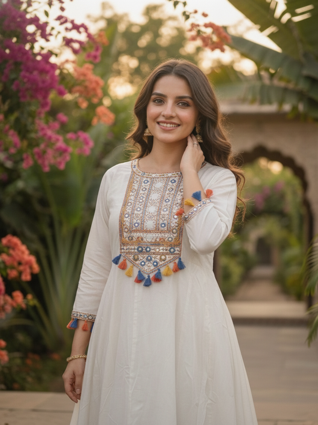 White Embroidered Cotton Blend Anarkali Kurta Set with Tassel Detailing, Round Neck, Straight Pants & Multicolour Printed Cotton Blend Tassel Dupatta