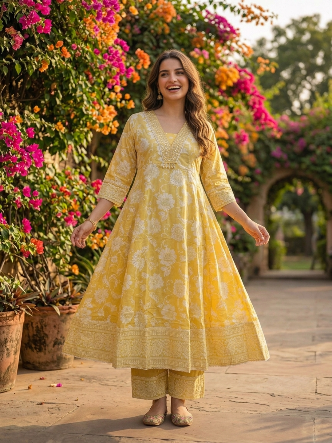 Yellow Floral Printed Cotton Anarkali Kurta Set with Embroidery, Pant & Printed Cotton Dupatta