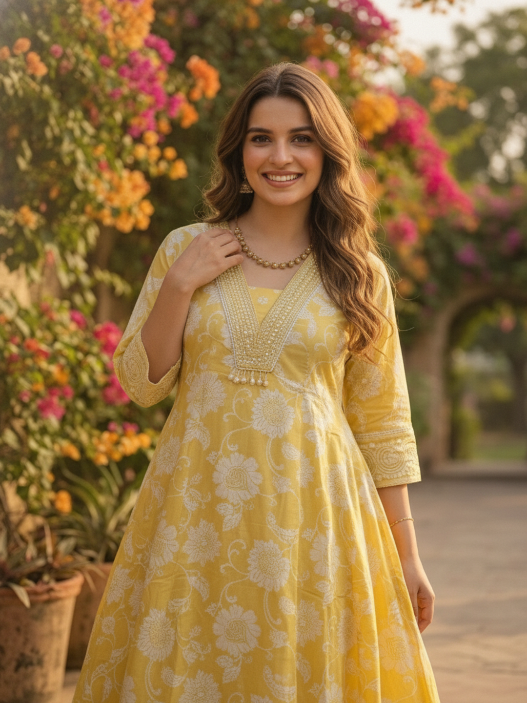 Yellow Floral Printed Cotton Anarkali Kurta Set with Embroidery, Pant & Printed Cotton Dupatta