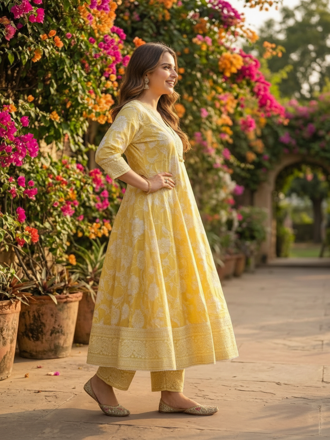 Yellow Floral Printed Cotton Anarkali Kurta Set with Embroidery, Pant & Printed Cotton Dupatta
