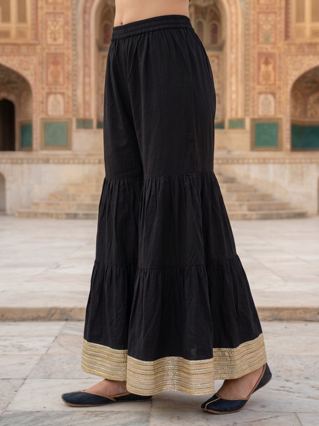 Black Solid Cotton Straight Kurta Set with Gota Work, Sharara & Solid Taping Dupatta