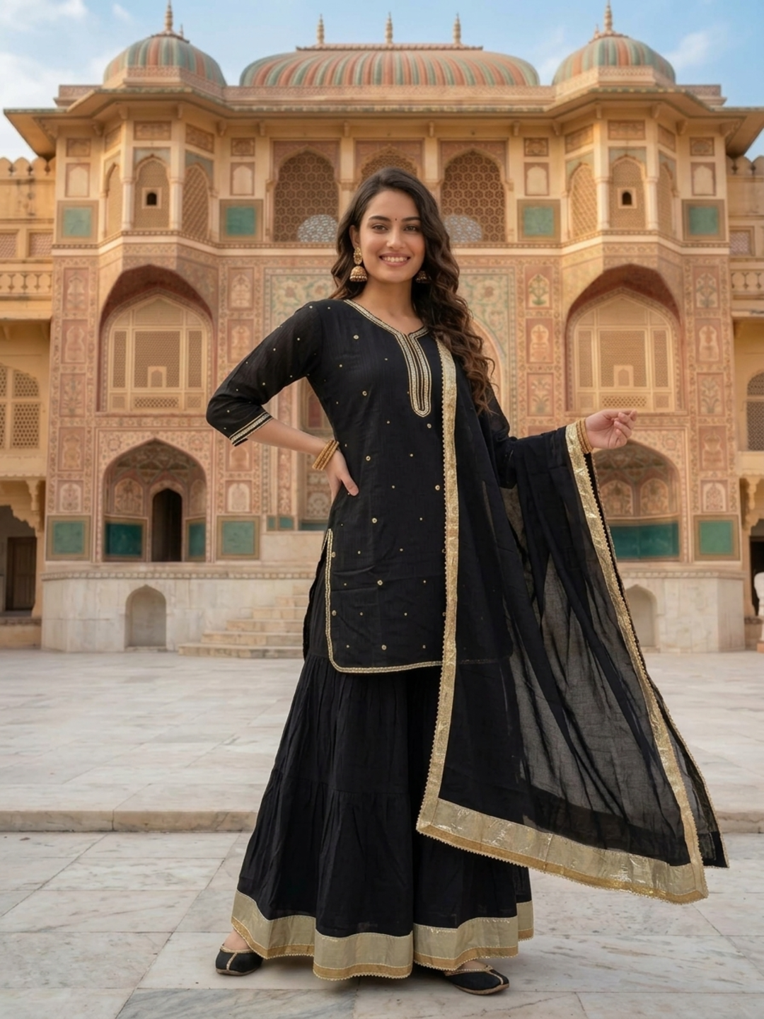 Black Solid Cotton Straight Kurta Set with Gota Work, Sharara & Solid Taping Dupatta