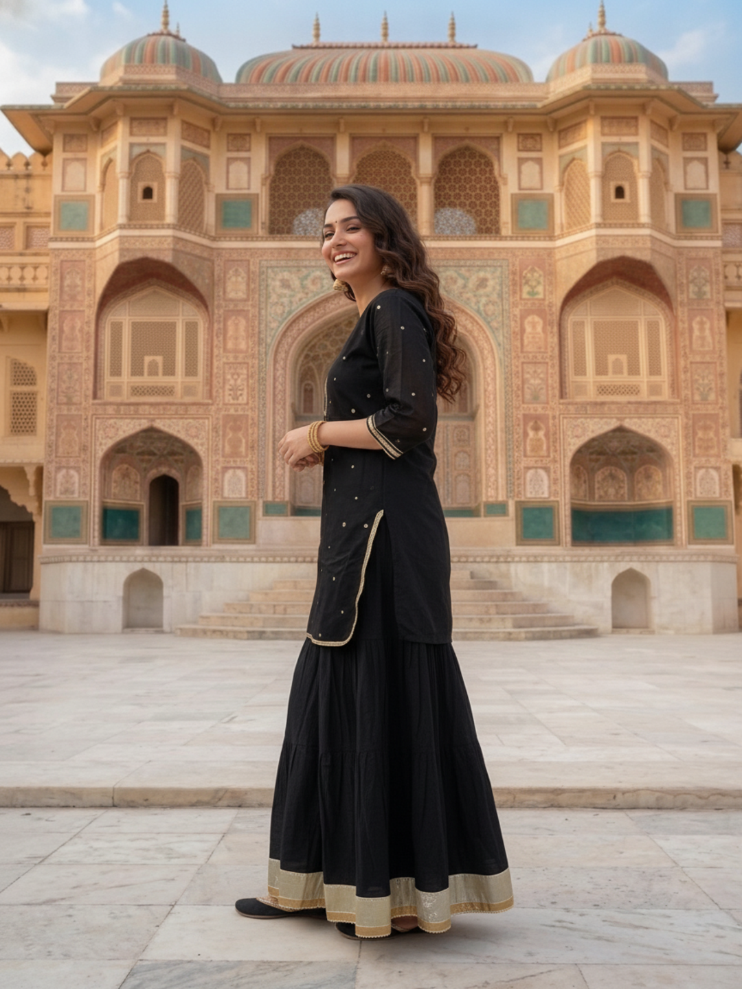 Black Solid Cotton Straight Kurta Set with Gota Work, Sharara & Solid Taping Dupatta