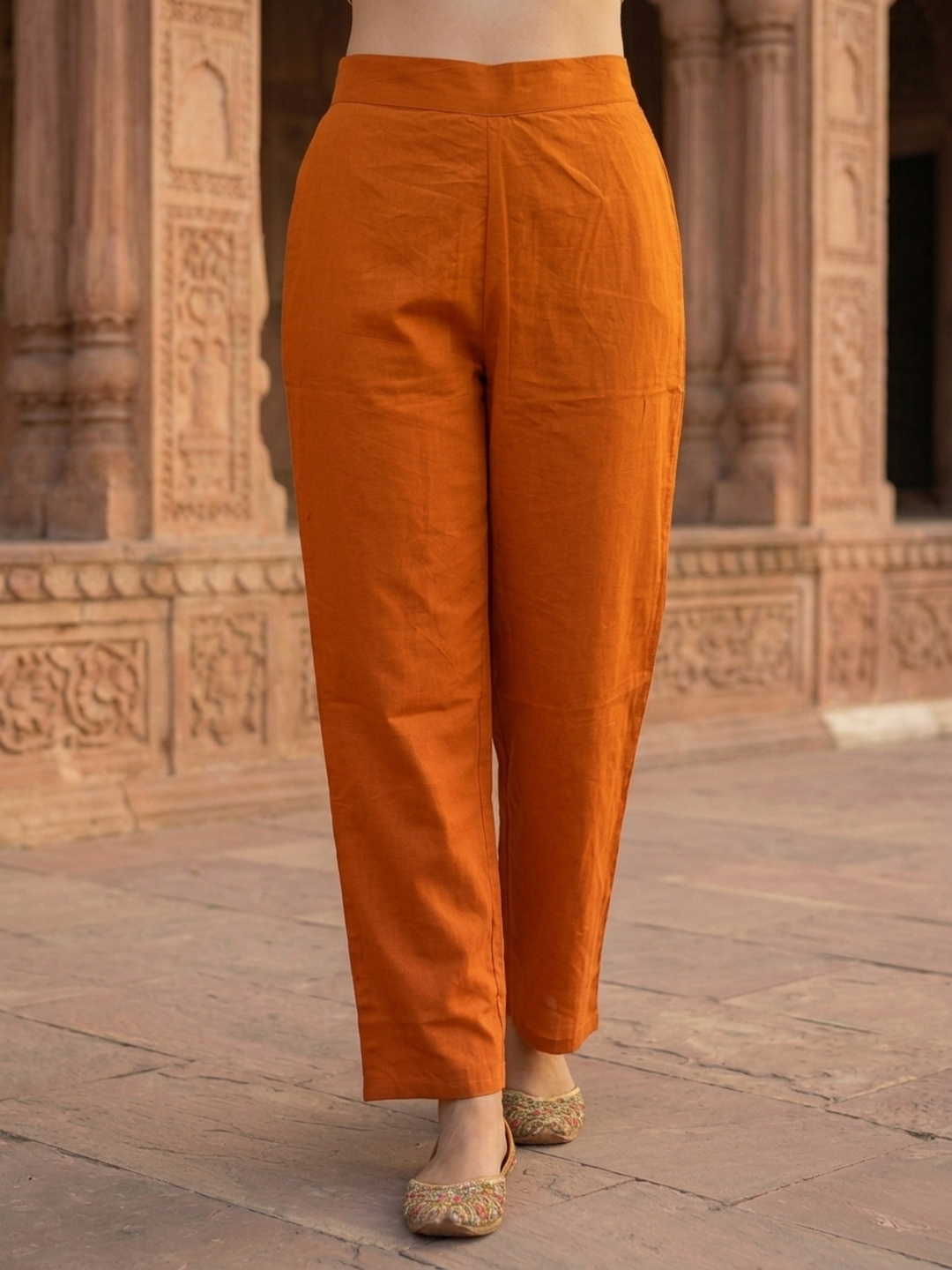 Orange Solid Cotton Straight Kurta Set with Chikankari Embroidery, Palazzo & Solid Taping Dupatta