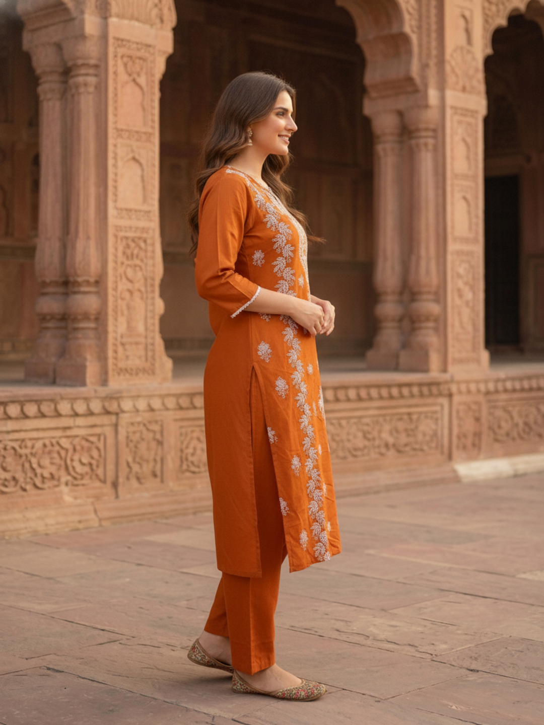 Orange Solid Cotton Straight Kurta Set with Chikankari Embroidery, Palazzo & Solid Taping Dupatta