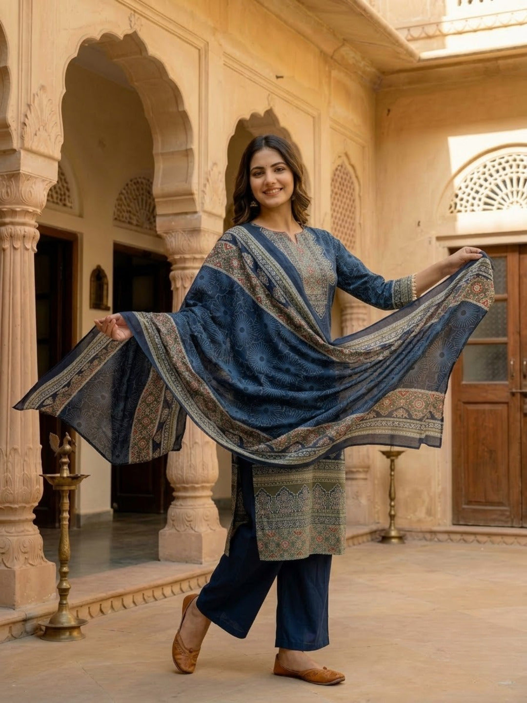 Steel Blue Floral Printed Cotton Straight Kurta Set with Embroidery, Sequin & Pearl Lace, Palazzo & Printed Cotton Dupatta