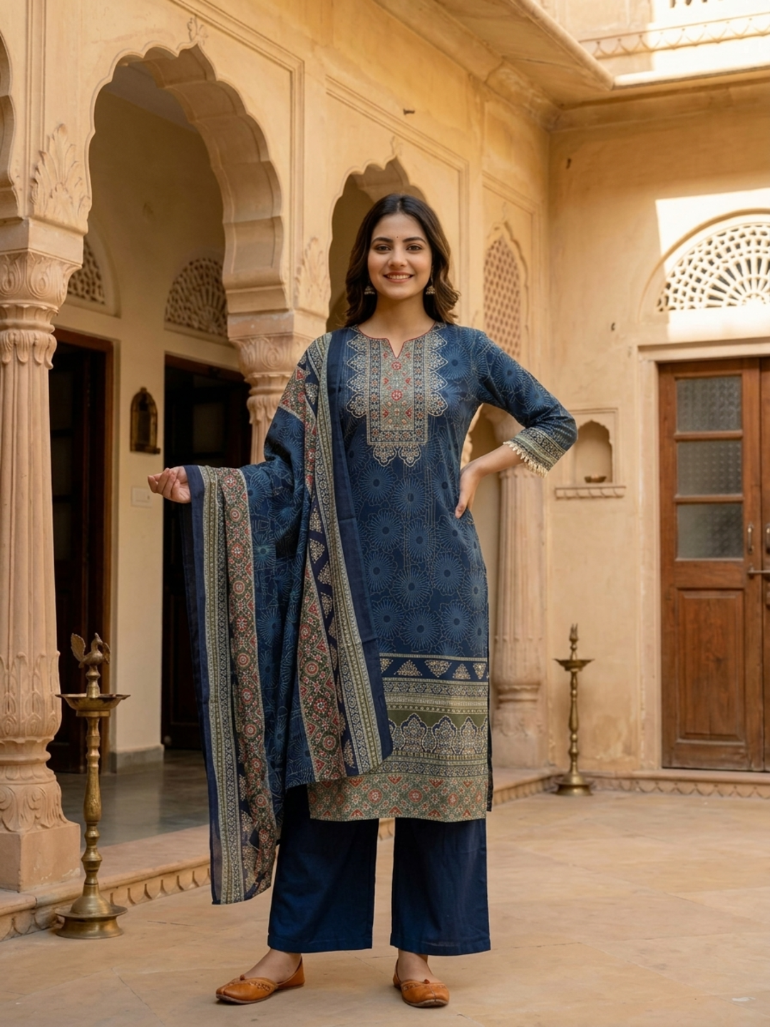 Steel Blue Floral Printed Cotton Straight Kurta Set with Embroidery, Sequin & Pearl Lace, Palazzo & Printed Cotton Dupatta