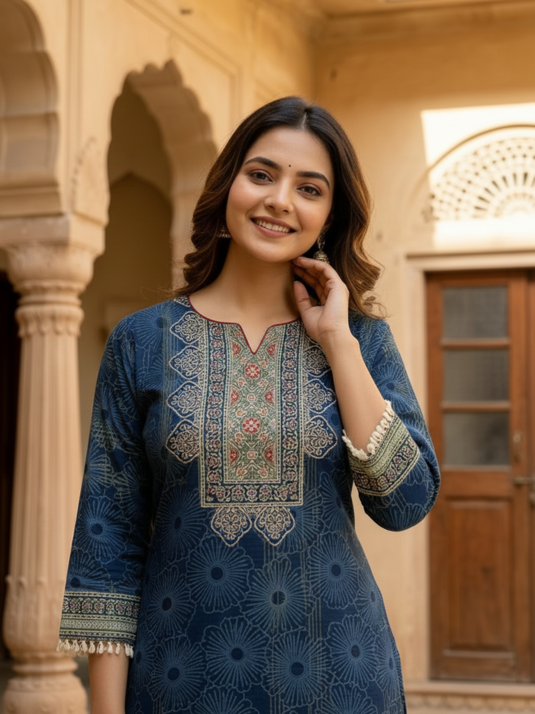 Steel Blue Floral Printed Cotton Straight Kurta Set with Embroidery, Sequin & Pearl Lace, Palazzo & Printed Cotton Dupatta