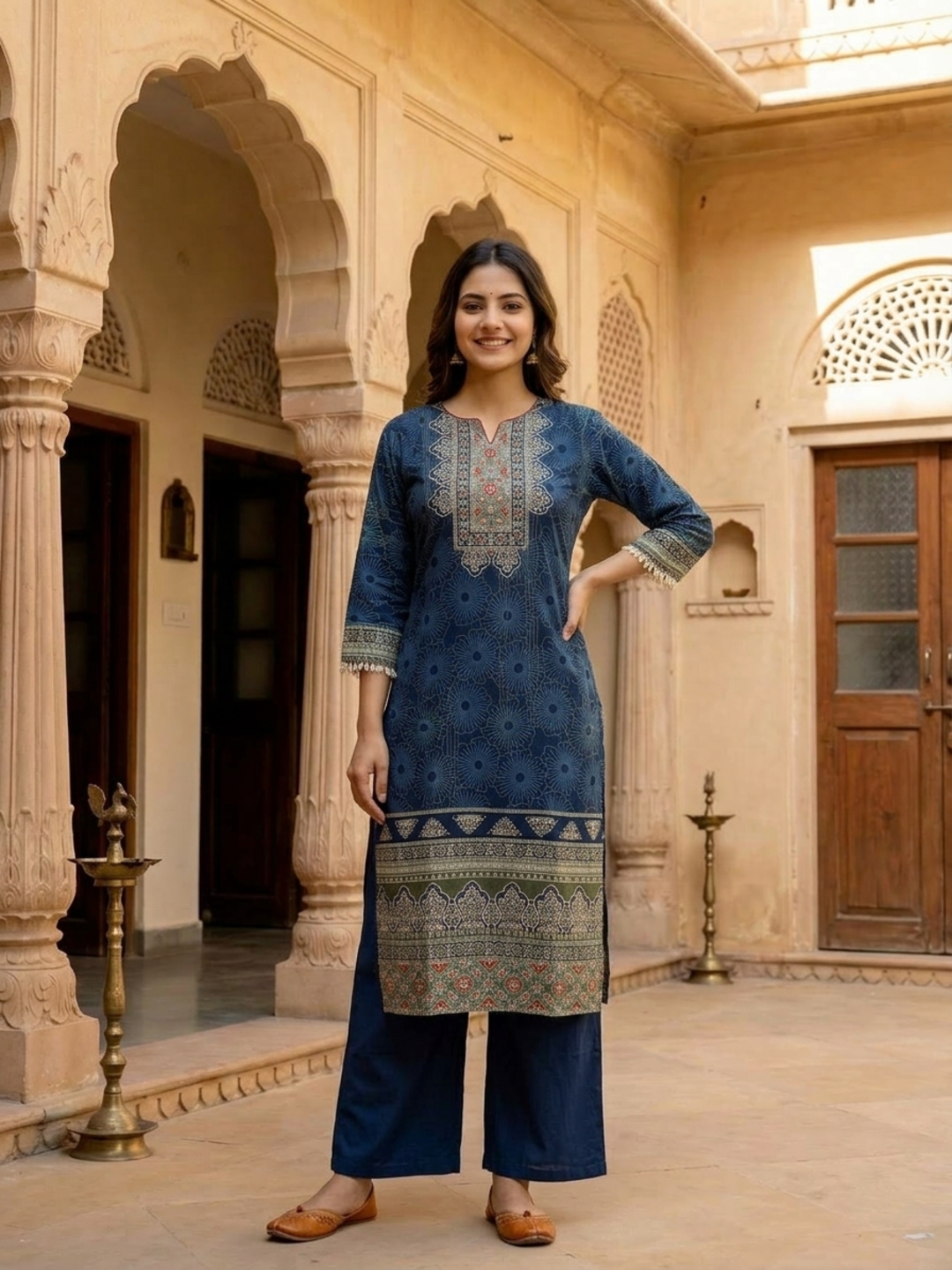 Steel Blue Floral Printed Cotton Straight Kurta Set with Embroidery, Sequin & Pearl Lace, Palazzo & Printed Cotton Dupatta