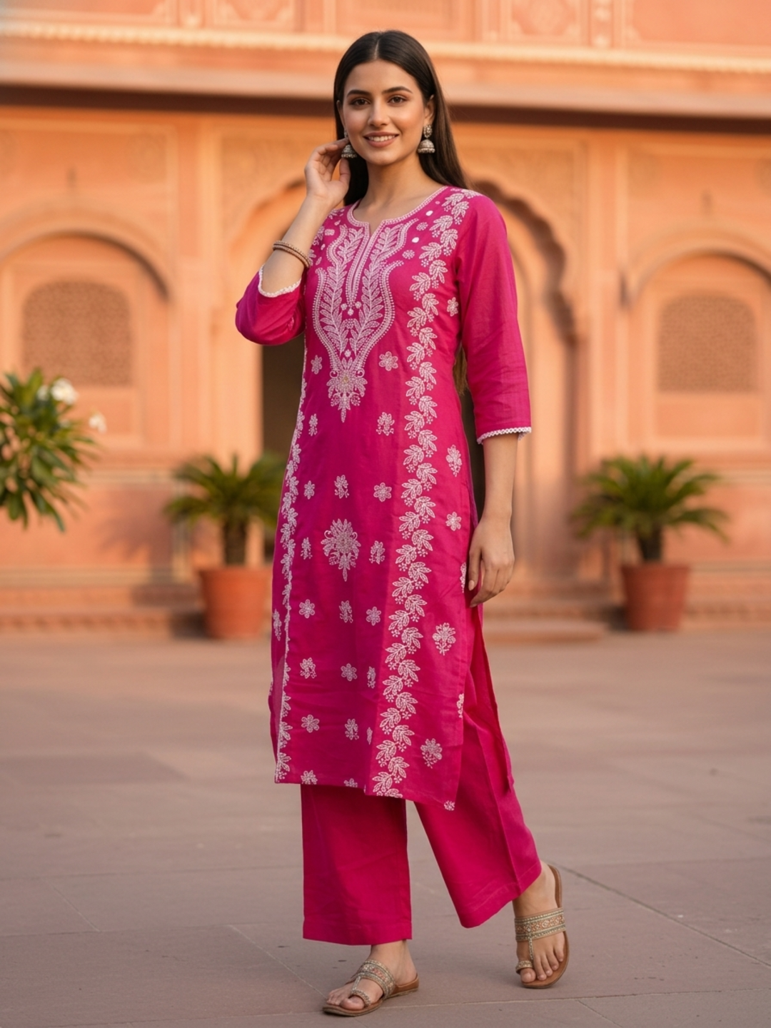 Rani Pink Solid Cotton Straight Kurta Set with Chikankari Embroidery, Round Neck, Palazzo & Pure Cotton Solid Taping Dupatta
