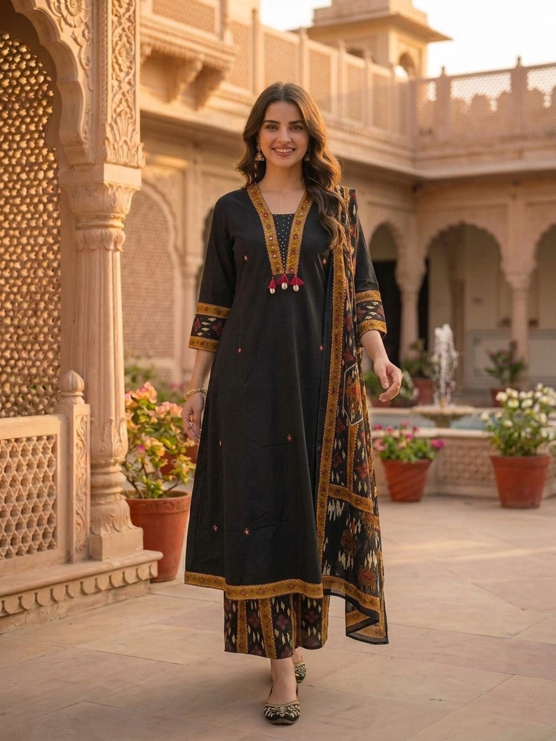 Black Ikat Printed Cotton A-Line Kurta Set with Sequin Highlights, Multicolor Palazzo & Printed Cotton Dupatta