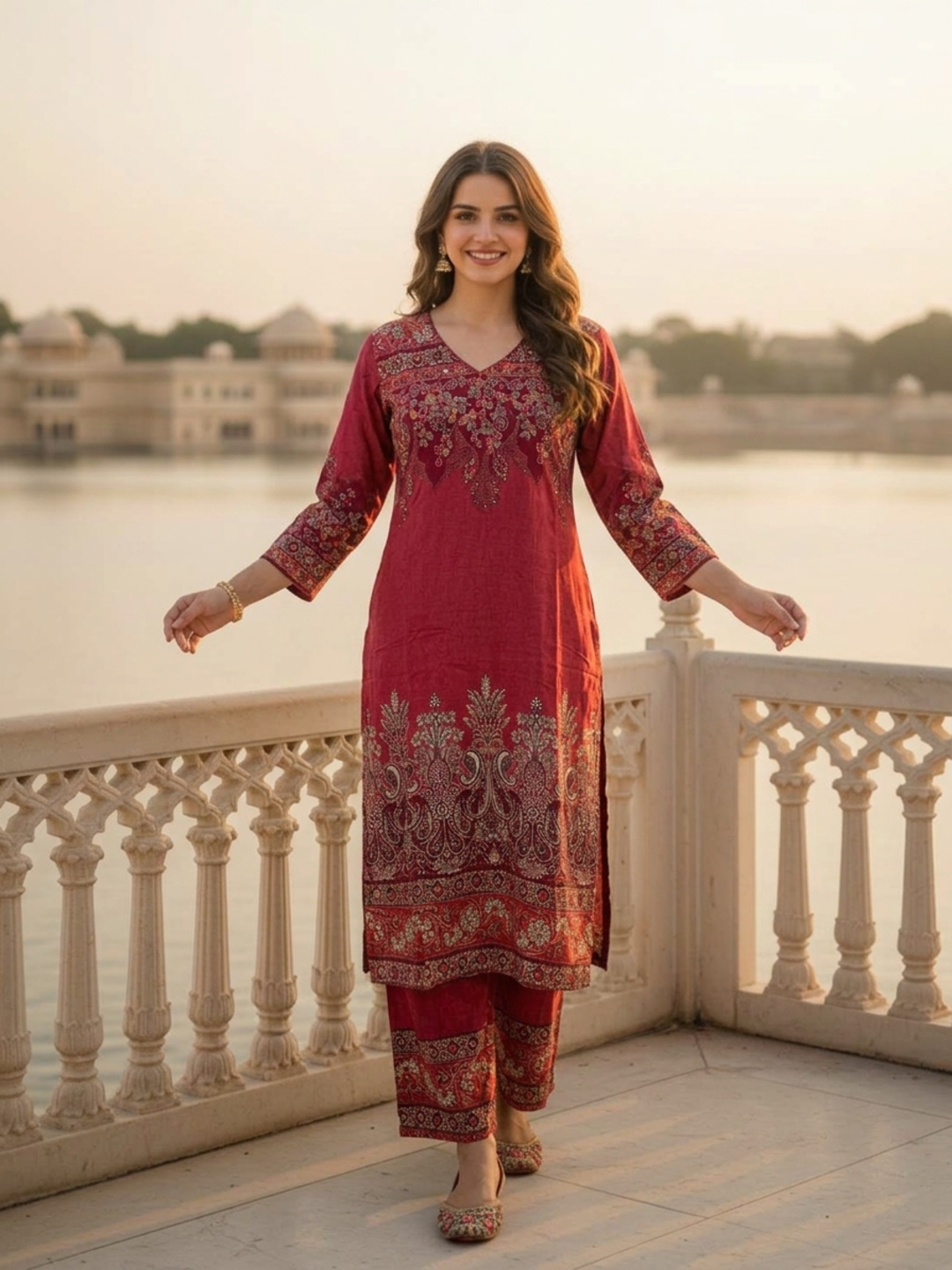 Berry Pink Floral Printed Viscose Rayon Straight Kurta Co-ord Set with Thread Embroidery & Sequin, V-Neck & Printed Palazzo
