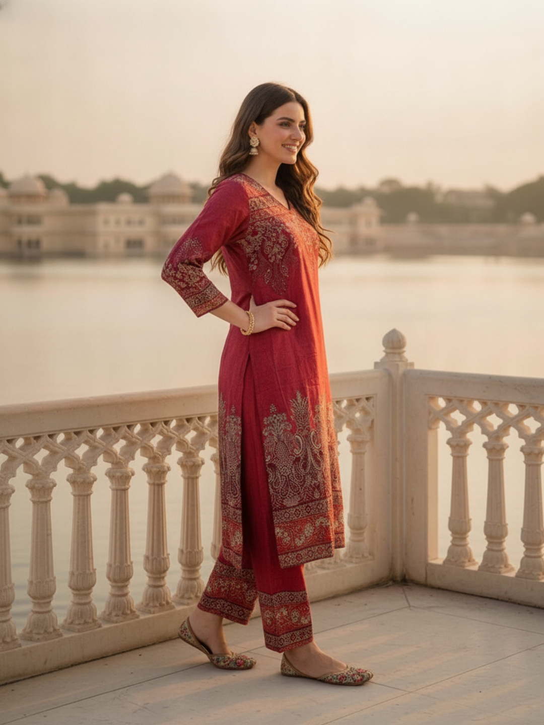 Berry Pink Floral Printed Viscose Rayon Straight Kurta Co-ord Set with Thread Embroidery & Sequin, V-Neck & Printed Palazzo