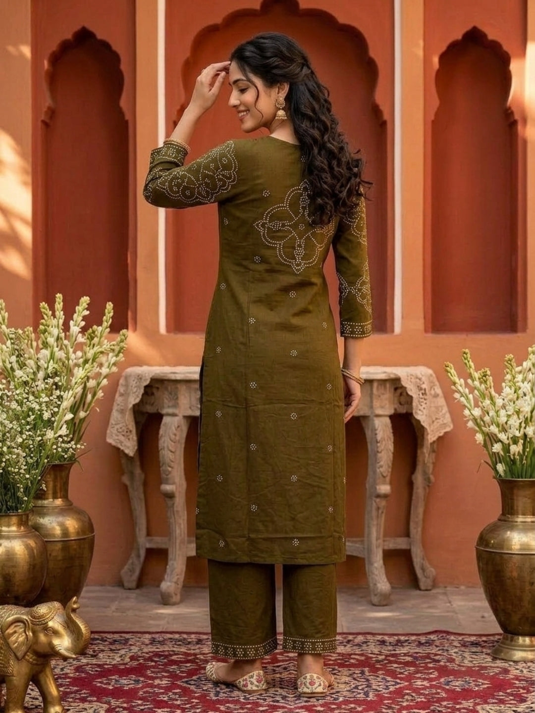 Mehendi Green Bandhani Printed Viscose Rayon A-Line Kurta Co-ord Set with Mirror Work, V-Neck & Solid Flared Palazzo