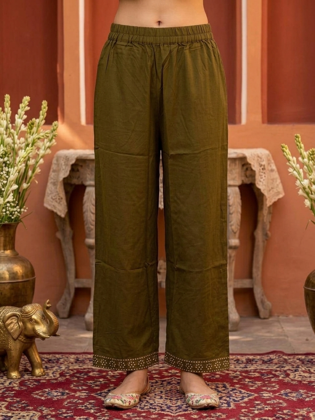 Mehendi Green Bandhani Printed Viscose Rayon A-Line Kurta Co-ord Set with Mirror Work, V-Neck & Solid Flared Palazzo