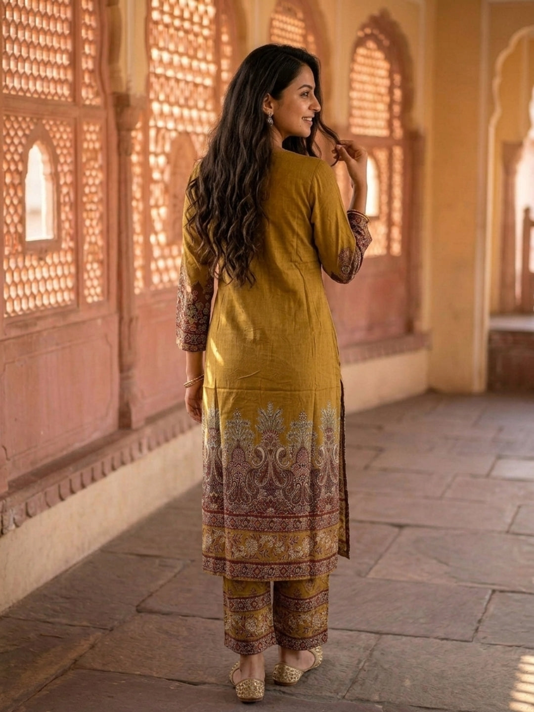 Olive Green Floral Printed Viscose Rayon Straight Kurta Co-ord Set with Thread Embroidery & Sequin, V-Neck & Printed Palazzo