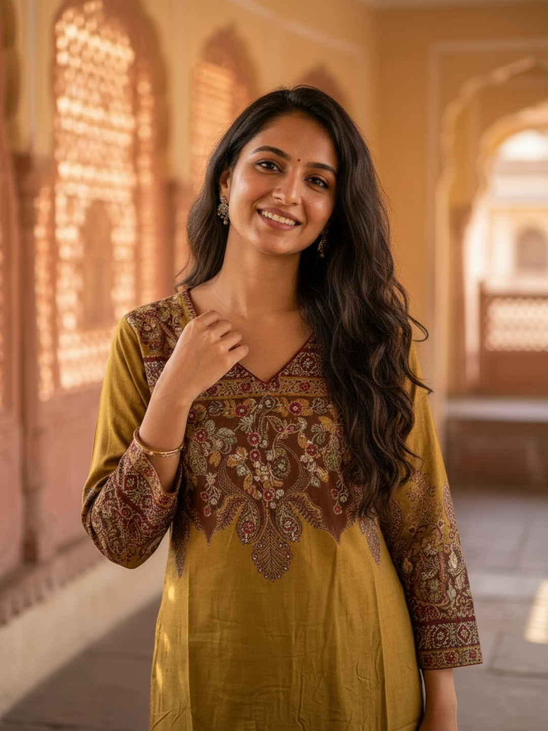 Olive Green Floral Printed Viscose Rayon Straight Kurta Co-ord Set with Thread Embroidery & Sequin, V-Neck & Printed Palazzo
