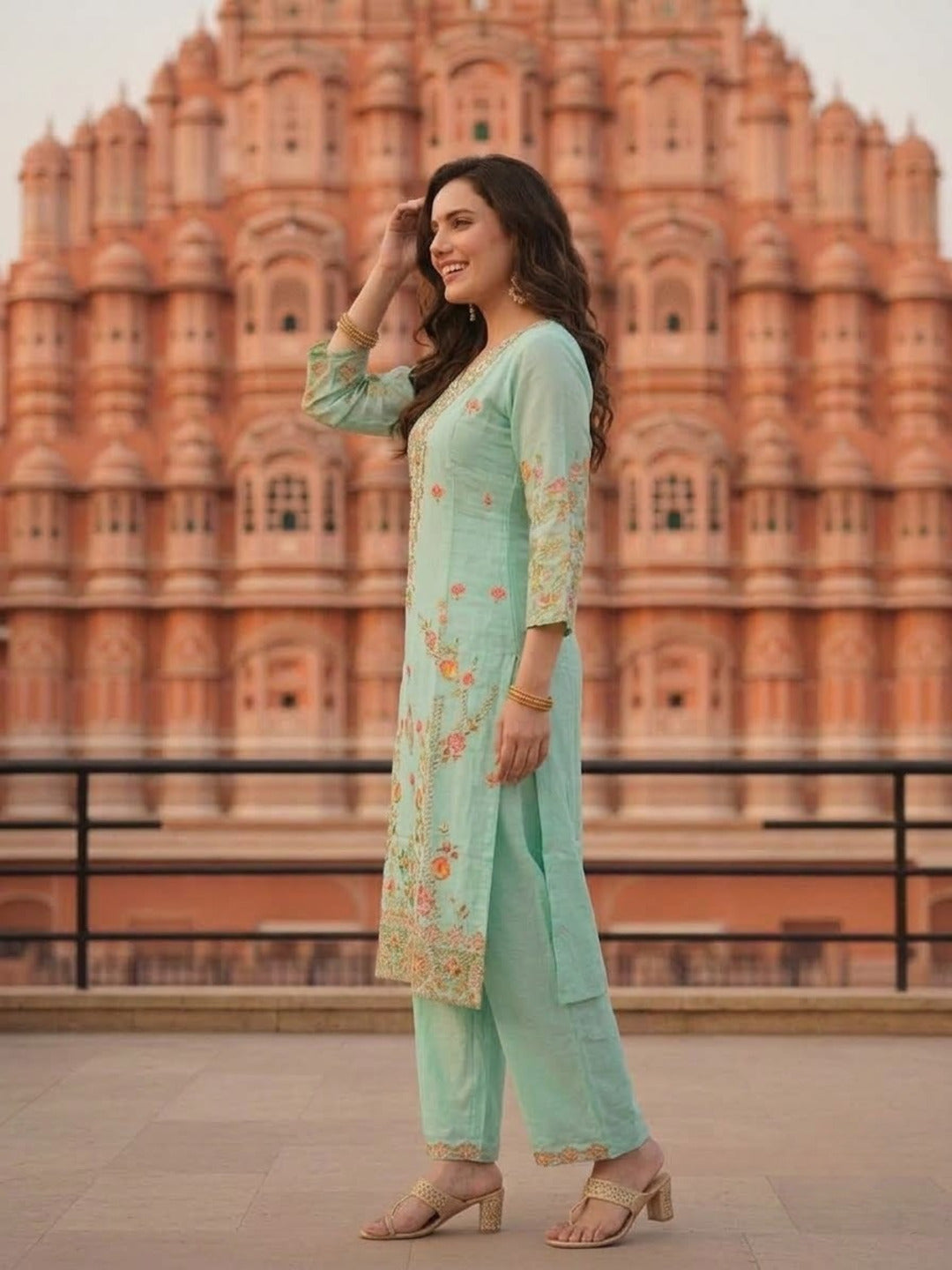 Turquoise Blue Floral Embroidered Cotton Straight Kurta Set with V-Neck, Shantoon Palazzo & Georgette Taping Dupatta