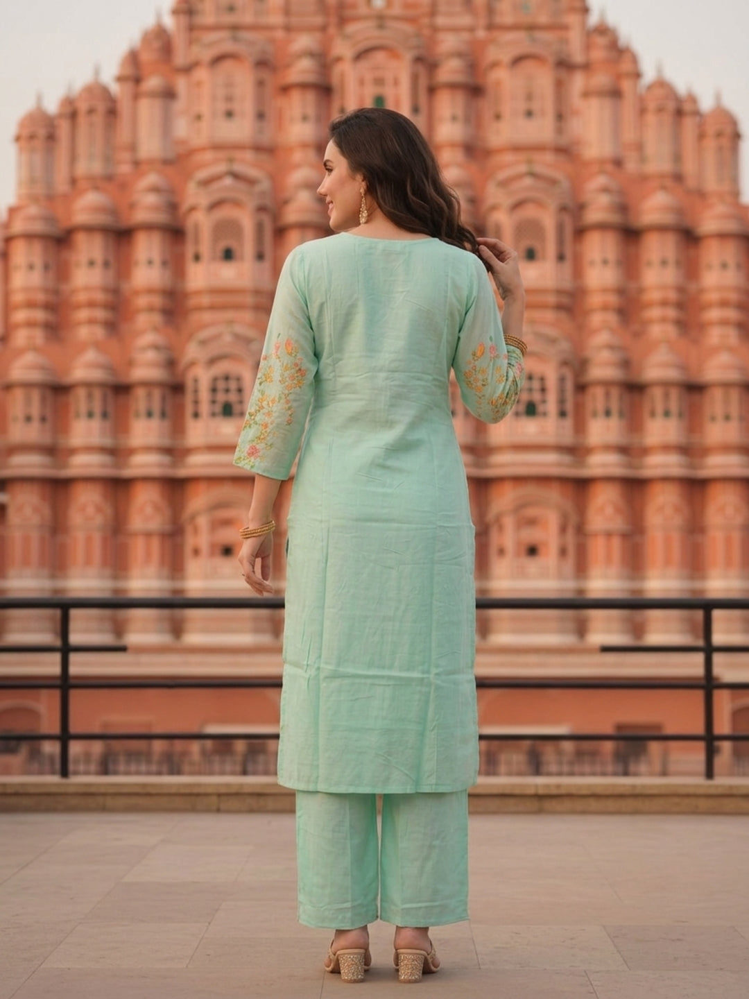 Turquoise Blue Floral Embroidered Cotton Straight Kurta Set with V-Neck, Shantoon Palazzo & Georgette Taping Dupatta