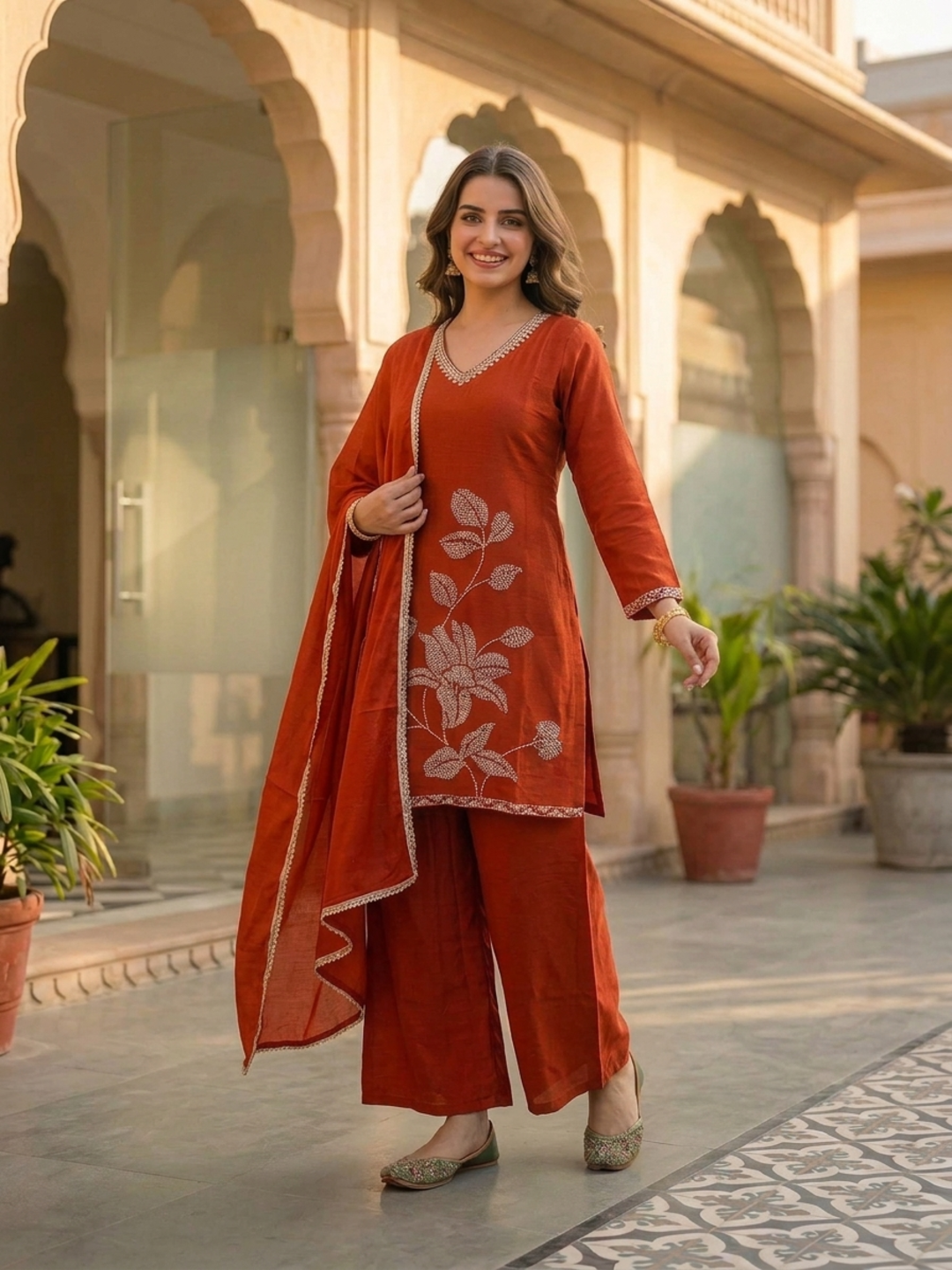 Rust Solid Crepe Straight Kurta Set with Floral Hand Embroidery & Sequin, Flared Palazzo & Taping Dupatta