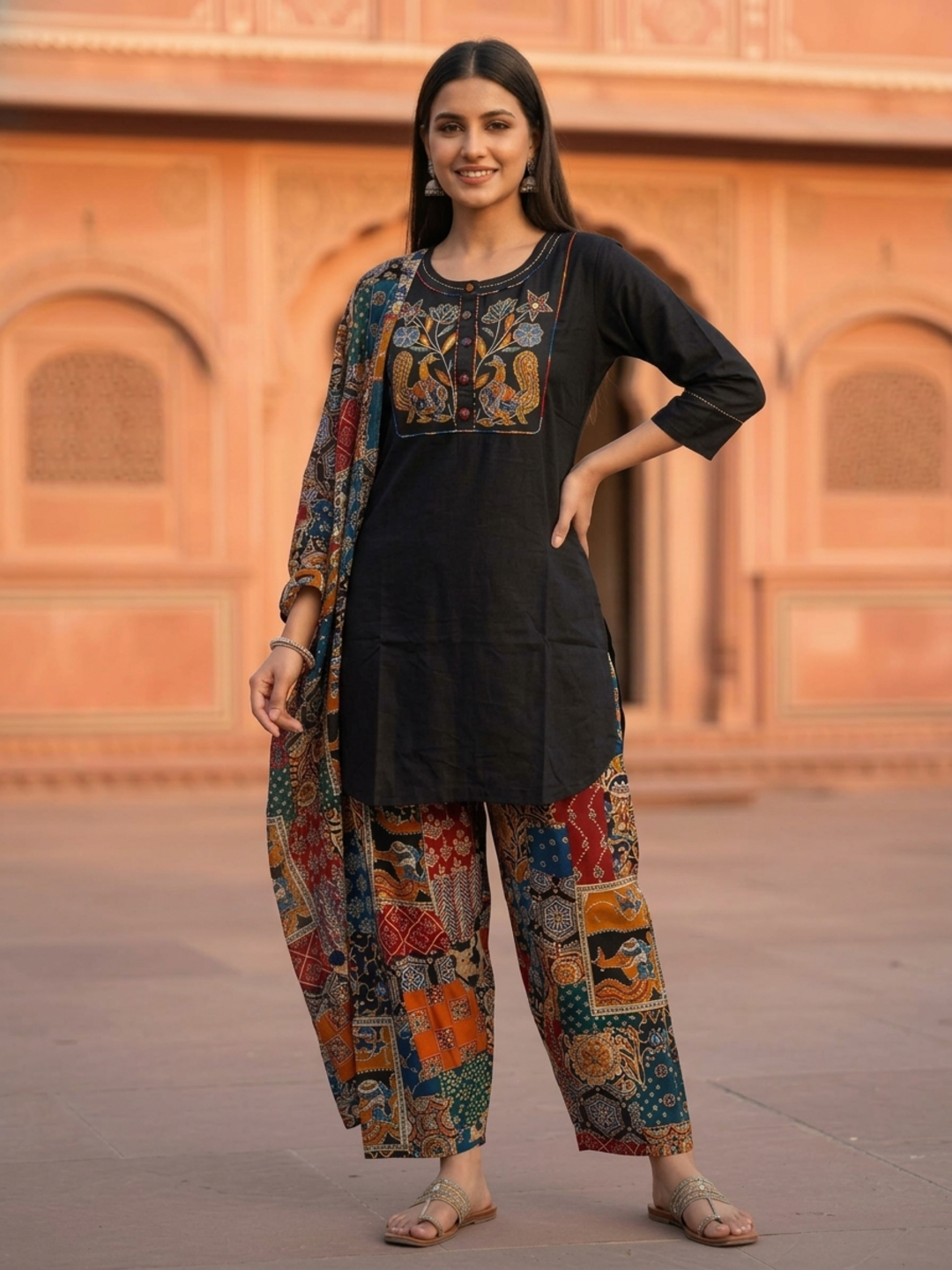 Black Solid Cotton Straight Kurta Set with Floral Patchwork Printed Yoke & Zari Highlights, Multicolor Salwar & Printed Cotton Dupatta
