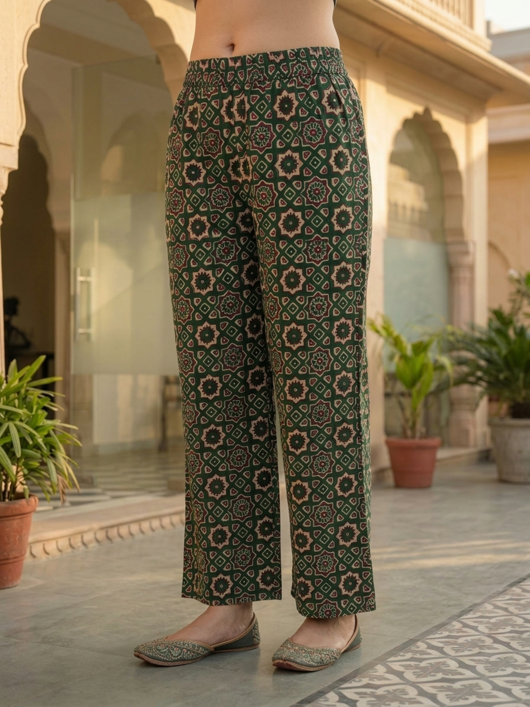 Bottle Green Ethnic Floral Printed Cotton Anarkali Kurta Set with Sequin & Embroidery, V-Neck, Palazzo & Printed Pure Cotton Dupatta