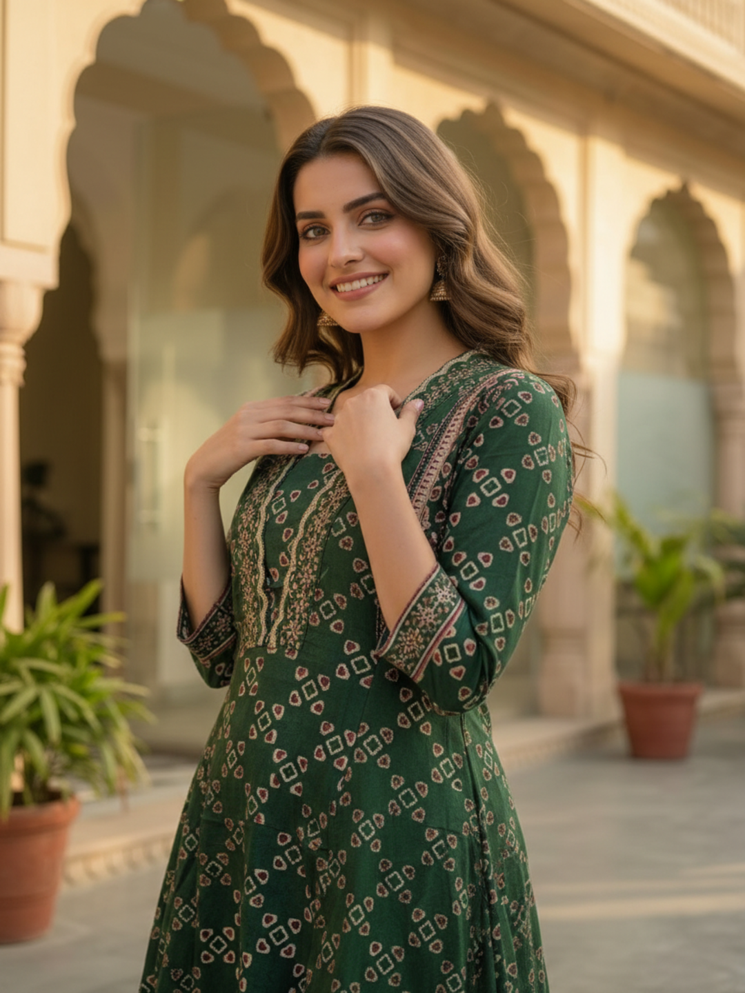 Bottle Green Ethnic Floral Printed Cotton Anarkali Kurta Set with Sequin & Embroidery, V-Neck, Palazzo & Printed Pure Cotton Dupatta