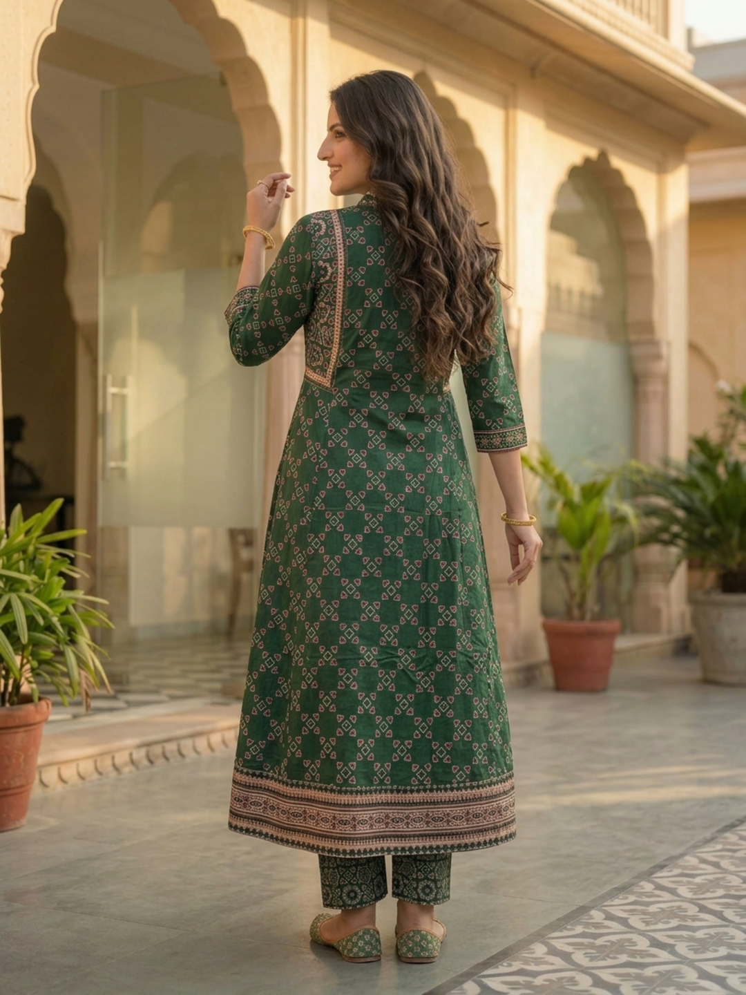 Bottle Green Ethnic Floral Printed Cotton Anarkali Kurta Set with Sequin & Embroidery, V-Neck, Palazzo & Printed Pure Cotton Dupatta