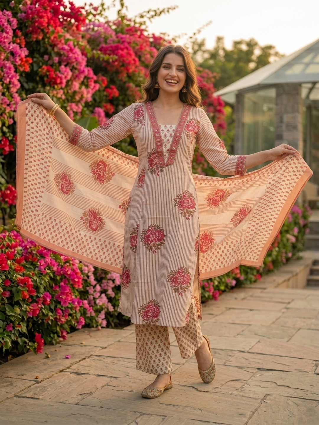 Cream Ethnic Floral Printed Cotton A-Line Kurta Set with Sequin & Embroidery, Shawl Collar, Palazzo & Printed Pure Cotton Dupatta