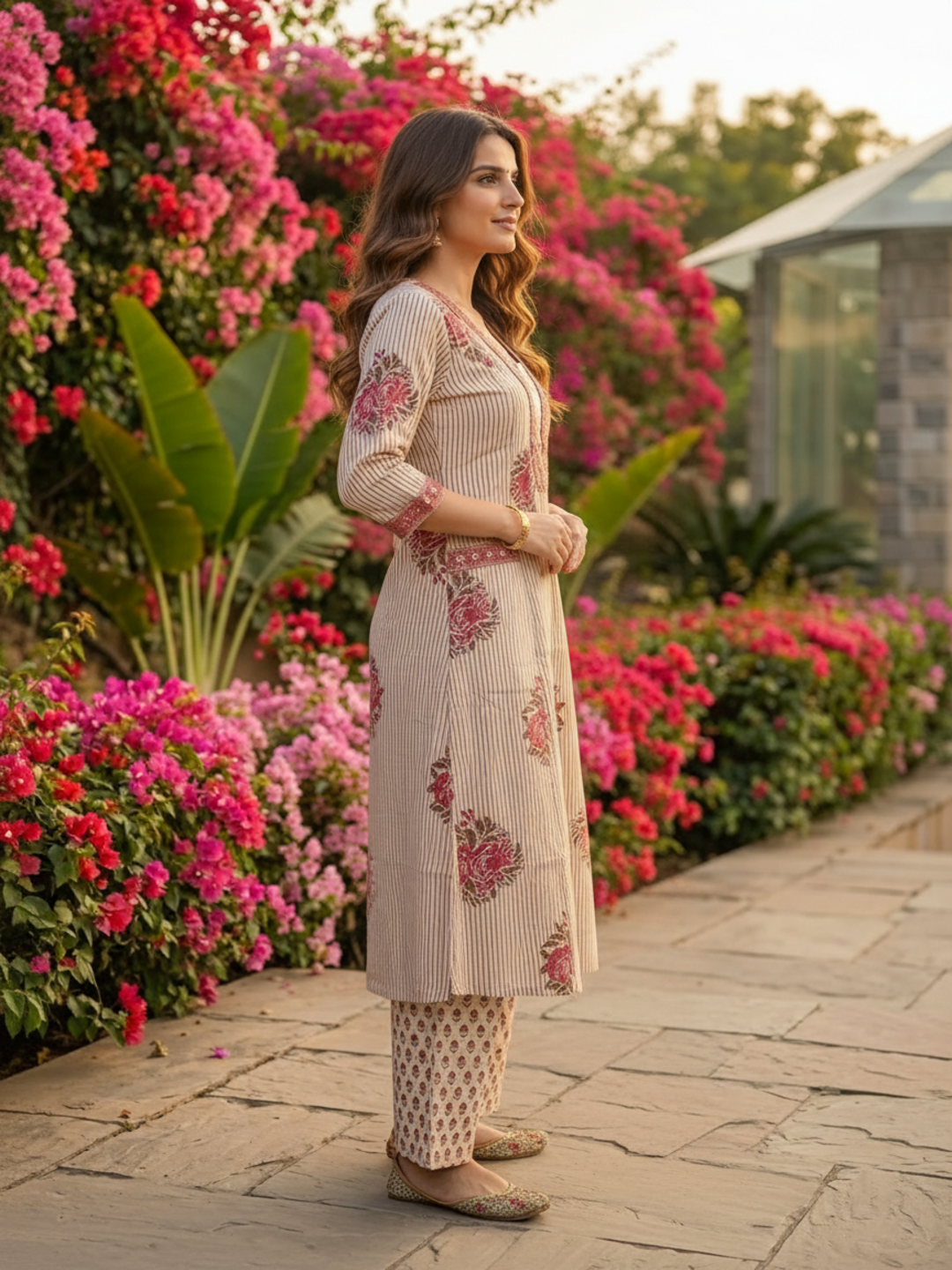 Cream Ethnic Floral Printed Cotton A-Line Kurta Set with Sequin & Embroidery, Shawl Collar, Palazzo & Printed Pure Cotton Dupatta