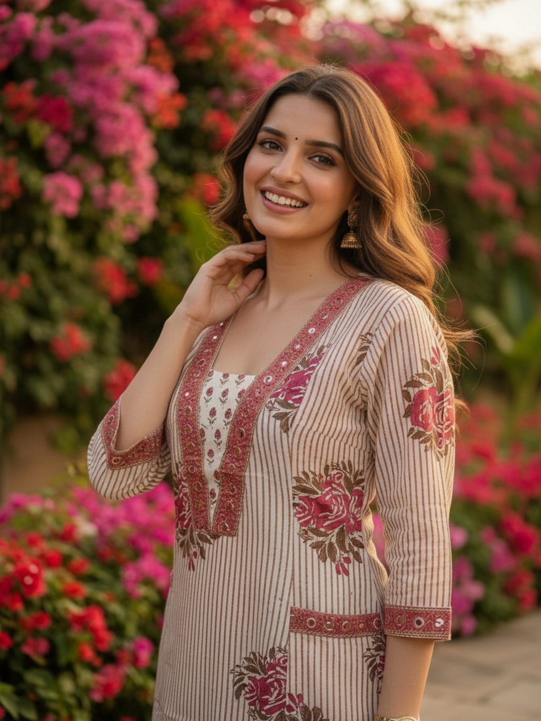 Cream Ethnic Floral Printed Cotton A-Line Kurta Set with Sequin & Embroidery, Shawl Collar, Palazzo & Printed Pure Cotton Dupatta