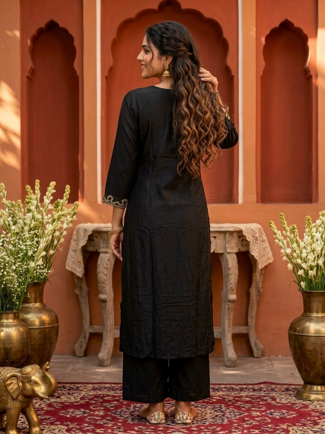 Olive Green Floral Printed Viscose Rayon Straight Kurta Co-ord Set with Thread Embroidery & Sequin, V-Neck & Printed Palazzo