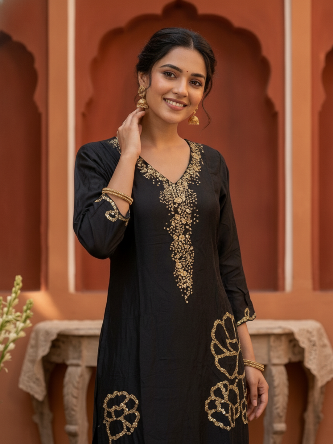 Olive Green Floral Printed Viscose Rayon Straight Kurta Co-ord Set with Thread Embroidery & Sequin, V-Neck & Printed Palazzo