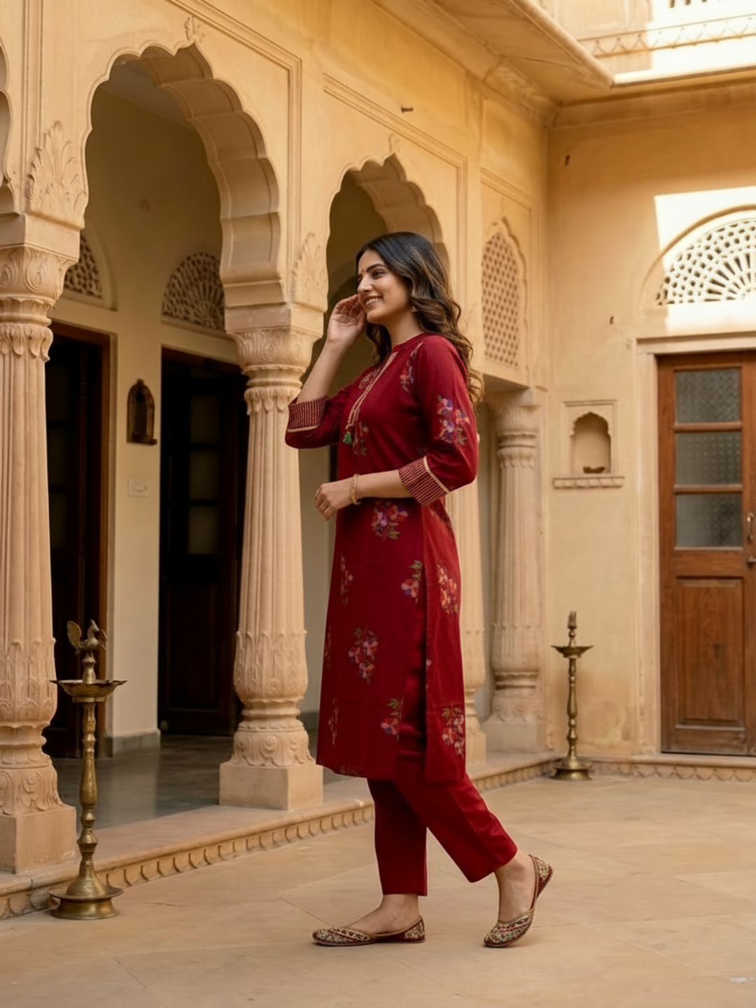 Maroon Floral Printed Cotton Straight Kurta Set with Kantha Work, Mandarin Collar, Palazzo & Solid Pure Cotton Printed Border Dupatta