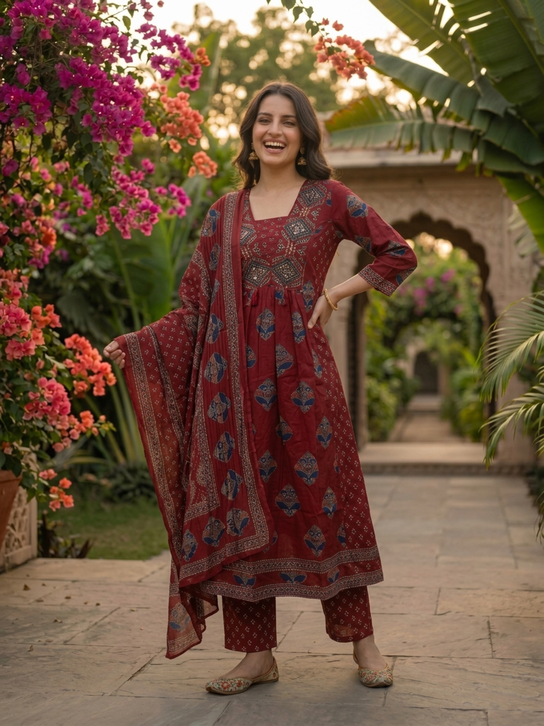 Maroon Ethnic Floral Printed Cotton Anarkali Kurta Set with Bead & Sequin Embroidery, V-Neck, Palazzo & Printed Pure Cotton Dupatta