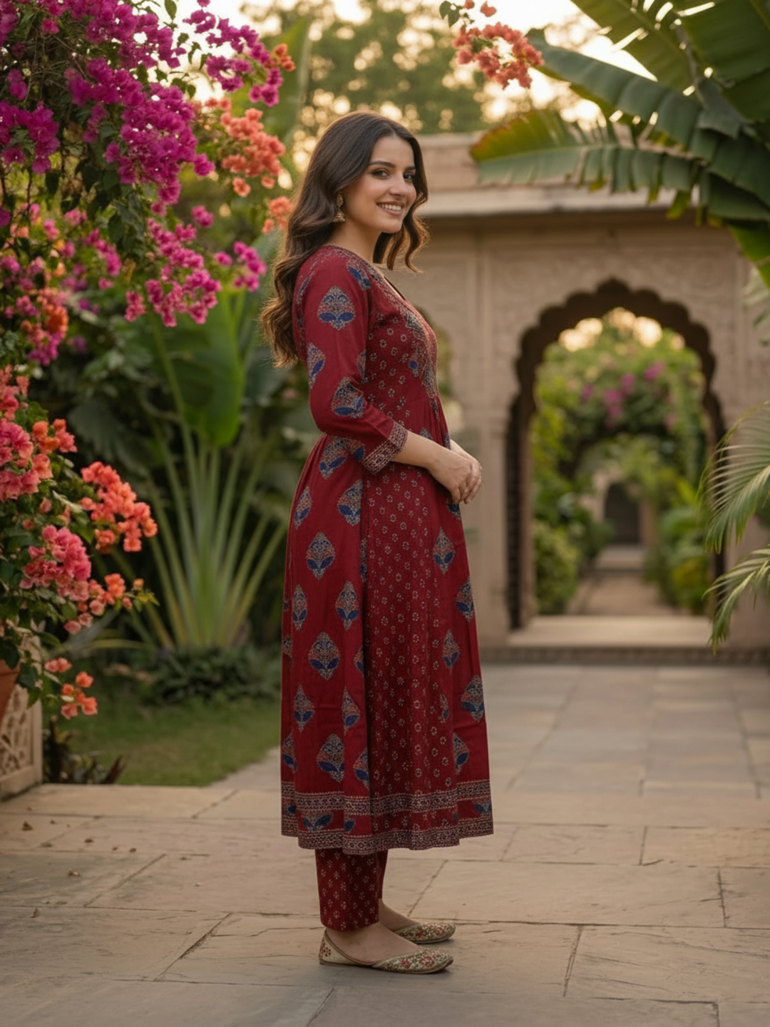 Maroon Ethnic Floral Printed Cotton Anarkali Kurta Set with Bead & Sequin Embroidery, V-Neck, Palazzo & Printed Pure Cotton Dupatta