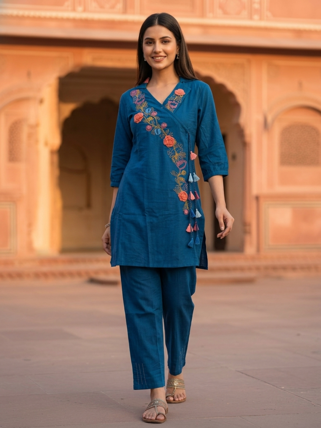Slate Blue Cotton Flax Co-ord Set with 3D Floral Embroidery & Pant