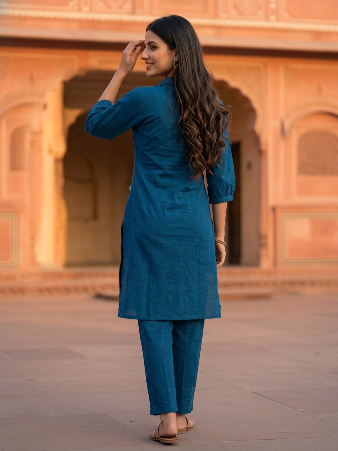 Slate Blue Cotton Flax Co-ord Set with 3D Floral Embroidery & Pant