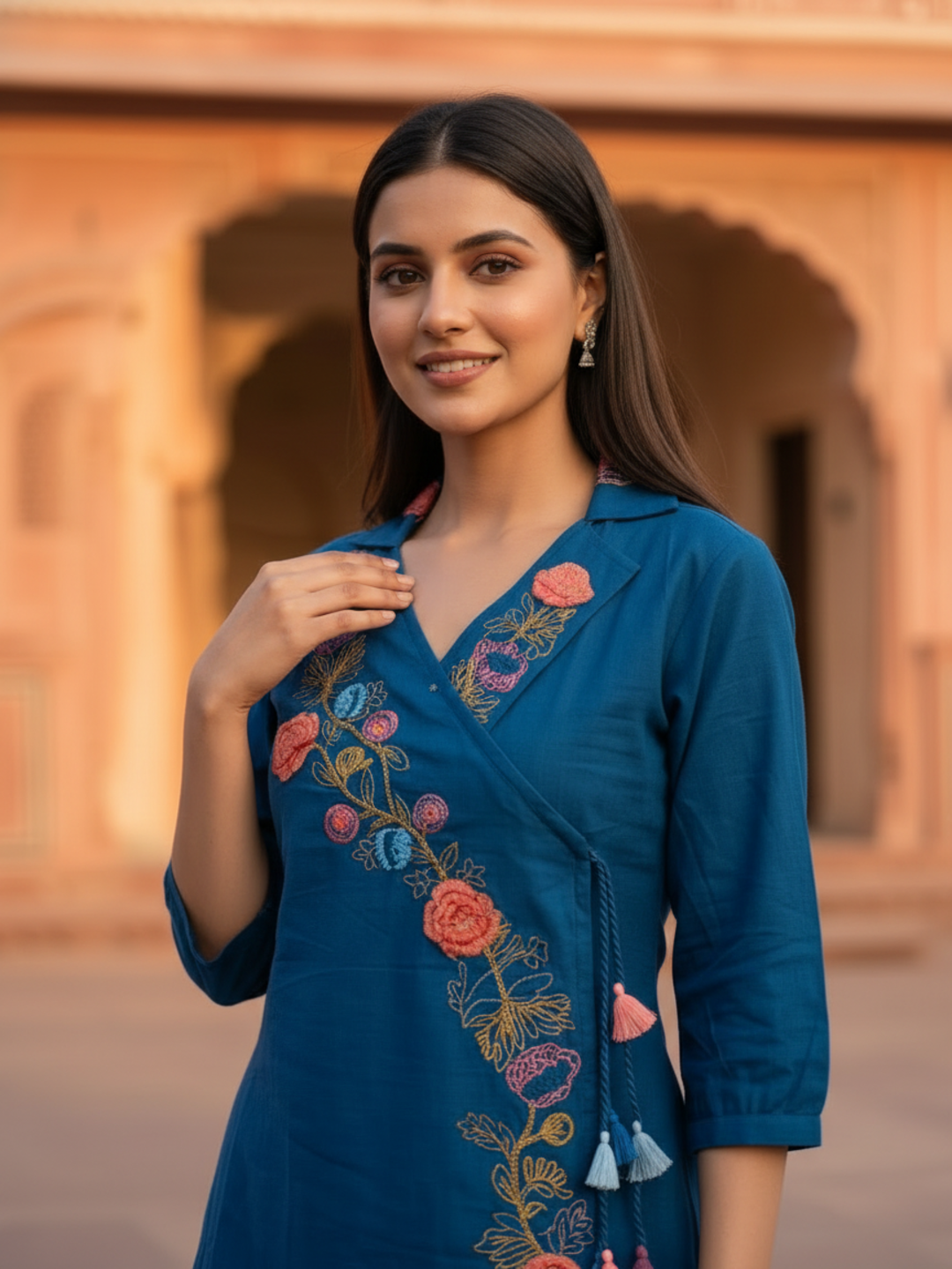 Slate Blue Cotton Flax Co-ord Set with 3D Floral Embroidery & Pant