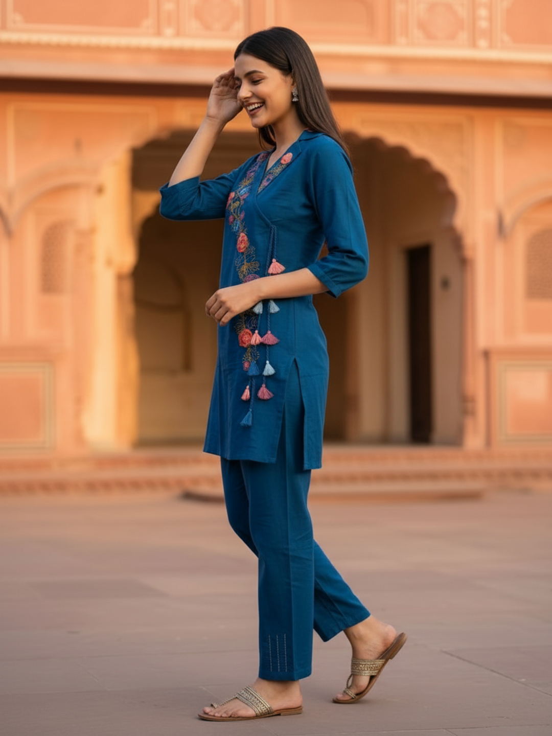 Slate Blue Cotton Flax Co-ord Set with 3D Floral Embroidery & Pant