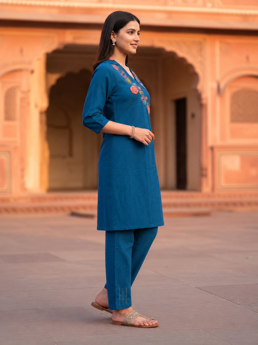 Slate Blue Cotton Flax Co-ord Set with 3D Floral Embroidery & Pant